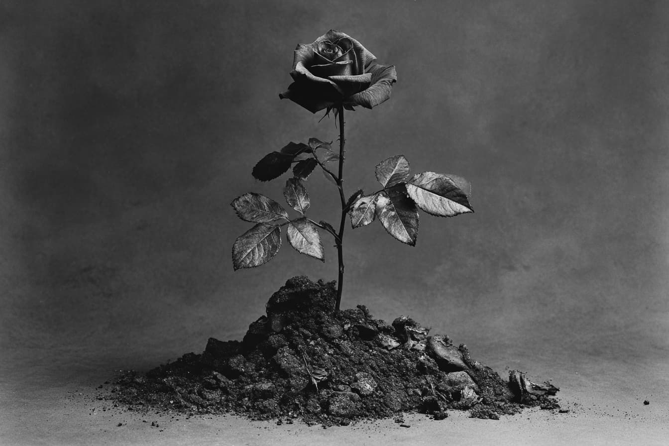 A rose growing out of a pile of dirt