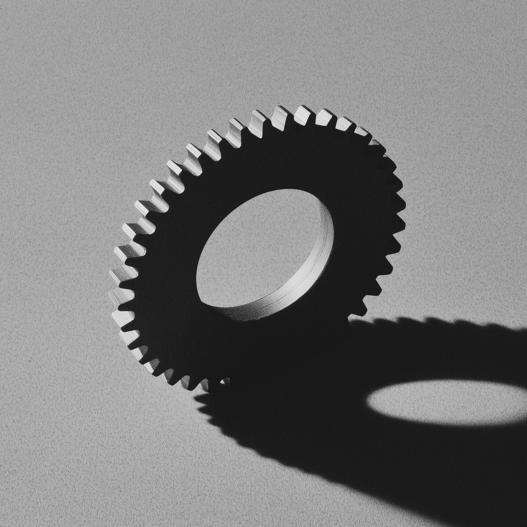 A cog standing on end, casing a long shadow