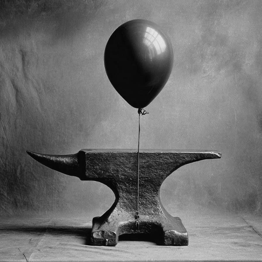 A baloon tied to an anvil
