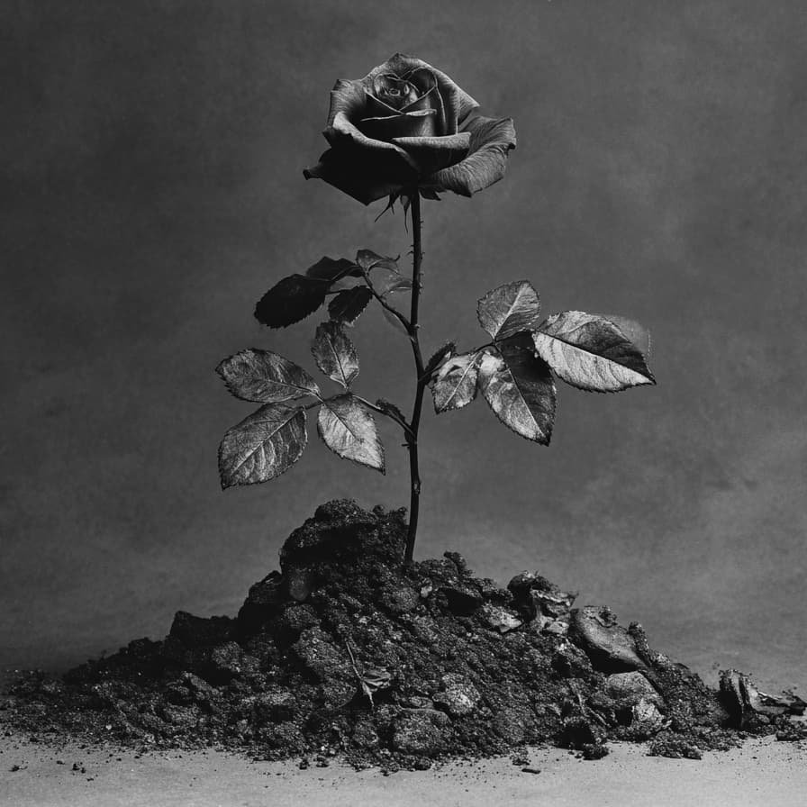 A rose growing from a pile of rubble